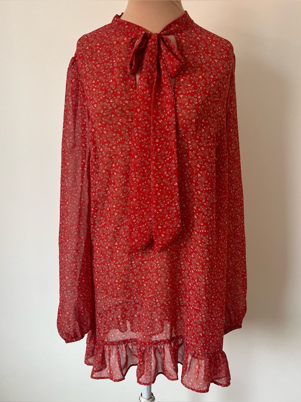 Free People Floral Sheer Long Sleeve Neck Tie Ruffle Hem Mini Red Dress Size S